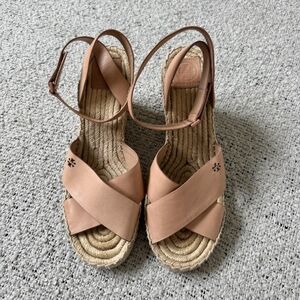 Tory Burch Pink and Tan Leather Espadrille Wedge Sandals Bima Style